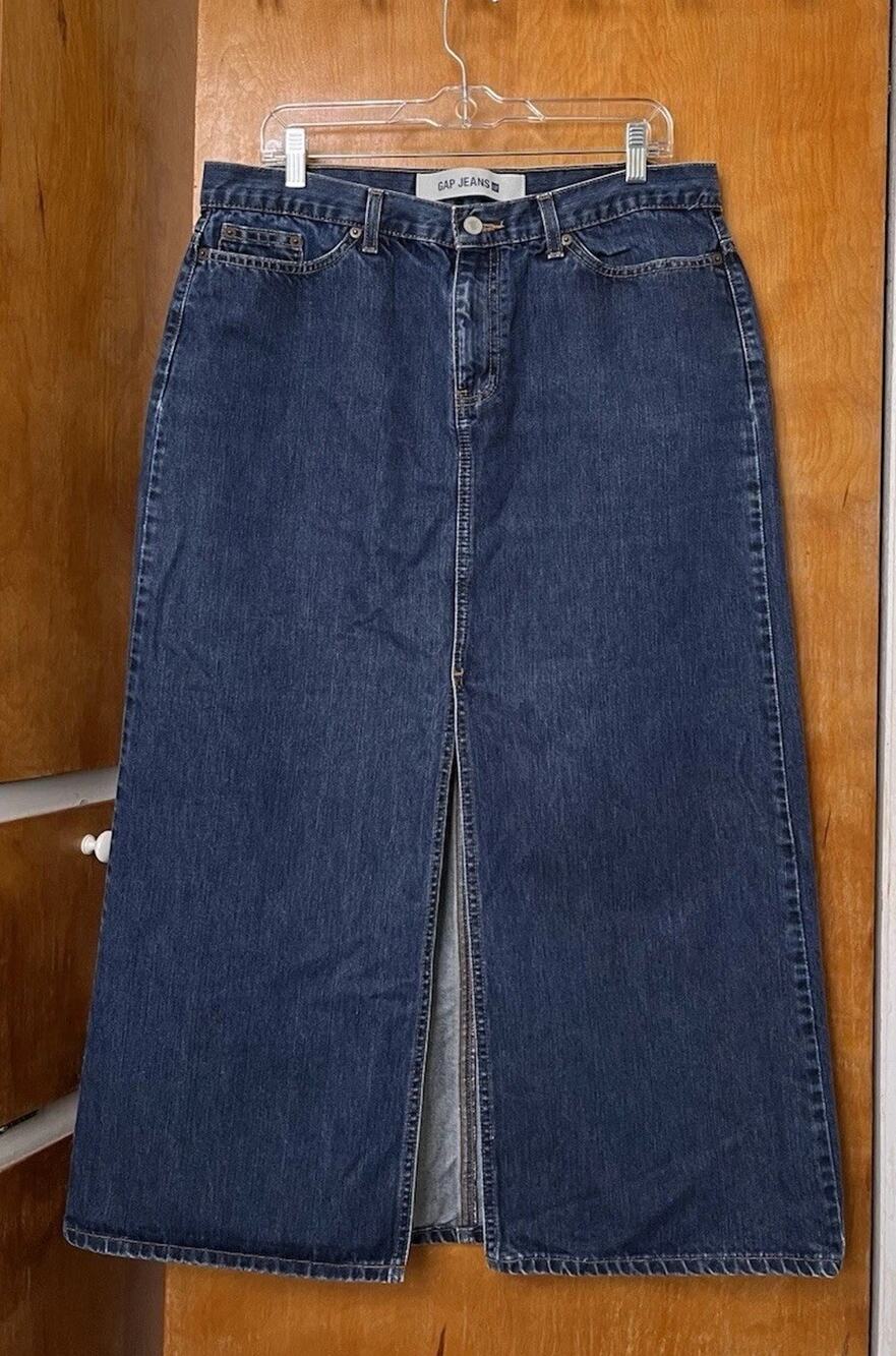 Vintage Y2K Gap Denim Midi Maxi Skirt Blue Front Slit Hem Jeans Modest Size 16